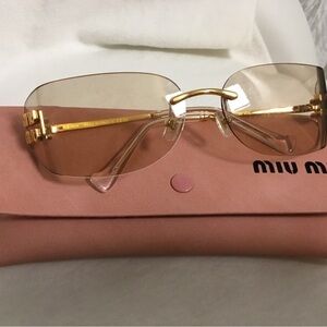 Miu Miu Rimless Sunglasses with Gold Hardware and Pink Tint